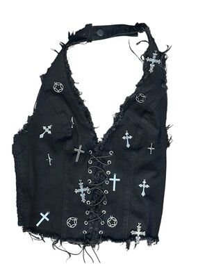 ROMWE Black Lace-Up Corset Halter Top with Silver Star Charms. NWT